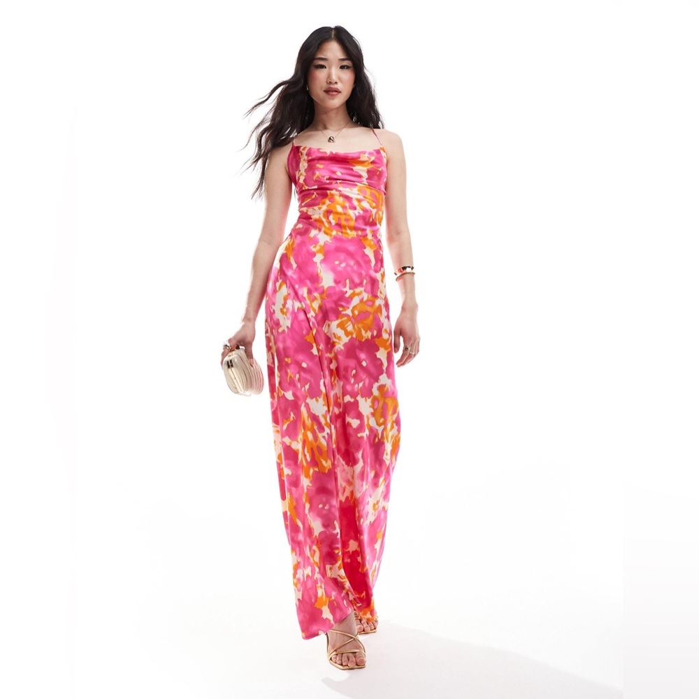 ASOS Satin Floral Pink Orange Wedding Guest Dress US 8 NWOT